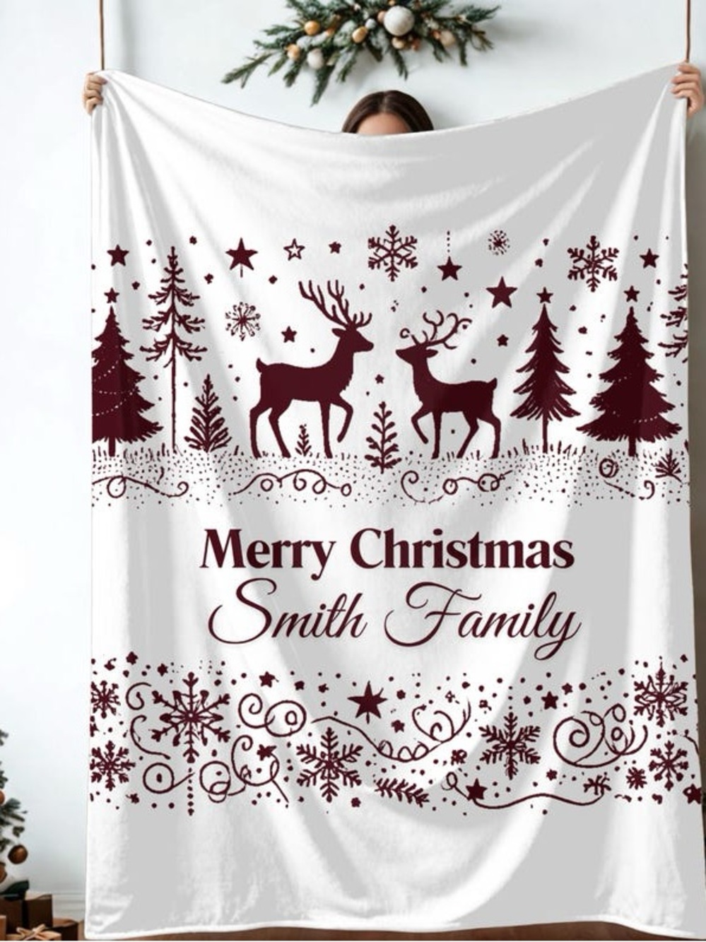 Personalized Merry Christmas Throw Blanket - White with Burgundy Print